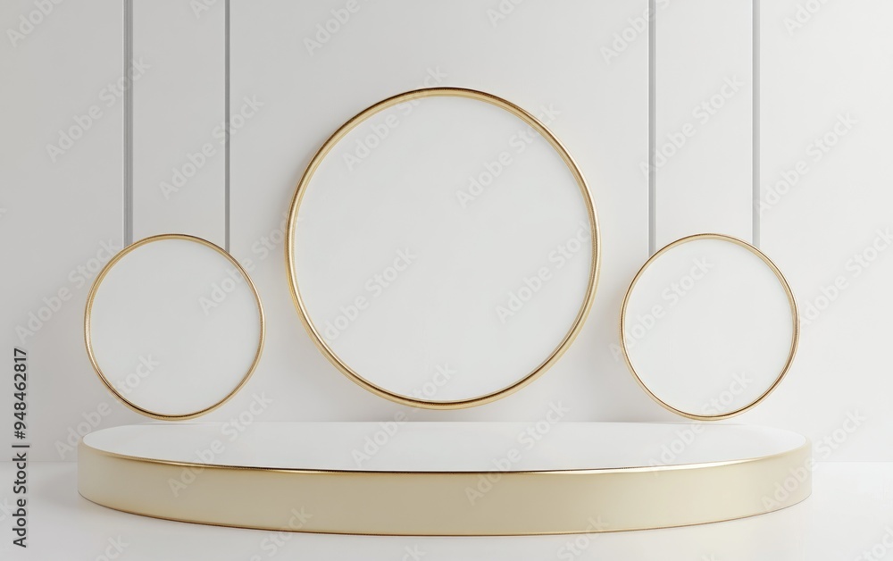 Poster Abstract background featuring simple geometric shapes in white and gold designed with a podium for cosmetic product display and promotional presentation Ample blank space available 3D render illus