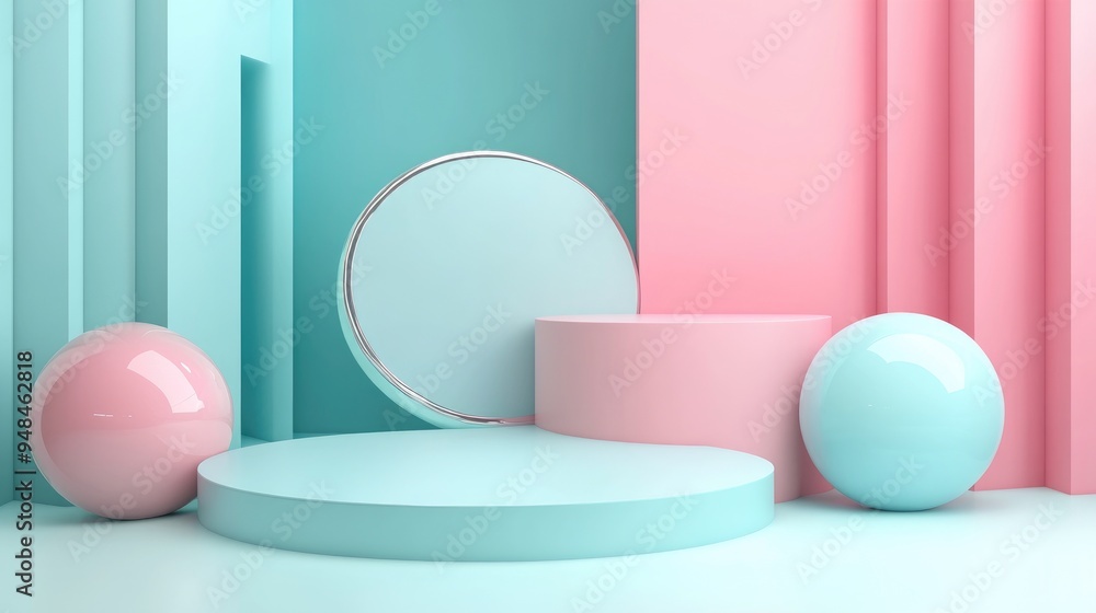 Poster Abstract geometric shapes in pastel colors with a silver minimalistic design 3D rendering