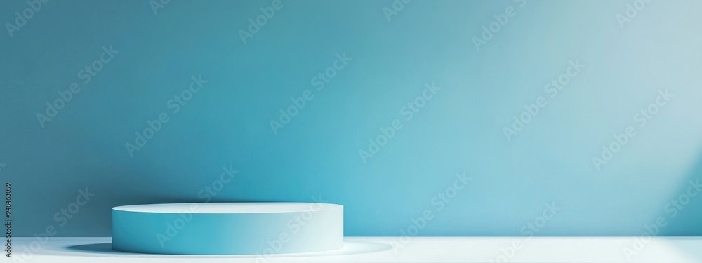 Poster empty podium against a blue backdrop for product presentation featuring ample copy space
