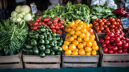 97. **A farmer is market with a colorful array of fresh vegetables and fruits on display.