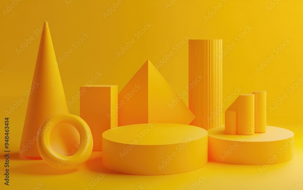 Poster Abstract geometric forms on a yellow backdrop Minimalist 3D rendering with various abstract shapes Collection of geometric designs