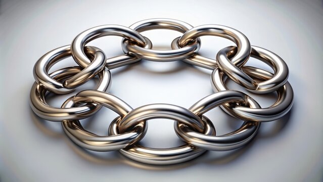 Metallic chain-link pattern forms a stylized circular emblem with interconnected loops, conveying unity, strength, and connection, ideal for corporate or brand identity representation.
