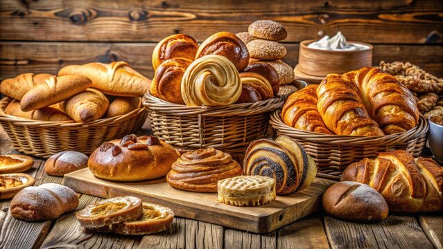 Golden crusty bread and assortment of sweet pastries, including croissants and Danish, freshly baked and artfully arranged on a rustic wooden bakery counter.
