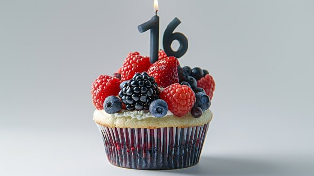 16 year old birthday cake. Birthday with forest fruits in a magical and fairytale forest