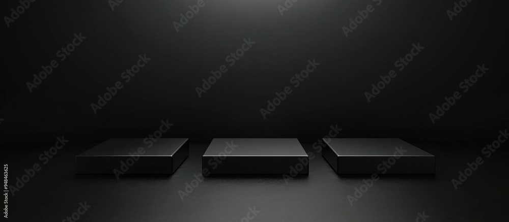 Poster dark black 3d background featuring three square podiums on the floor platforms for product display i