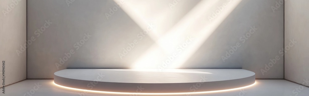 Poster Podium platform illuminated by natural light against a white background for showcasing products Empty podium design 3D rendering