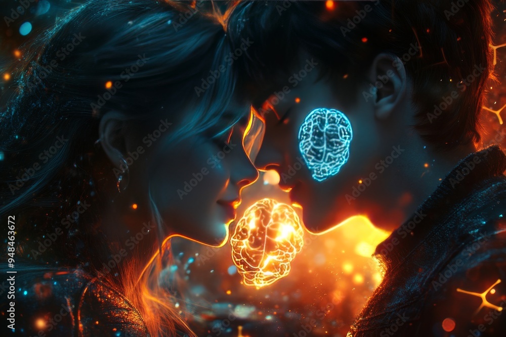 Poster surreal digital illustration of a couple with glowing neural patterns symbolizing the intense intell