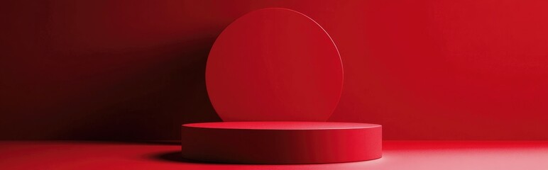 Obraz premium Red podium against a vibrant red backdrop featuring a 3D circle design for studio mockup presentation