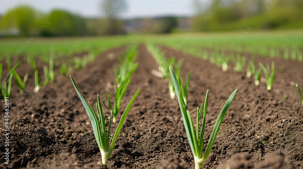 Poster 98. **a field of sprouting onions with green shoots emerging from the soil.