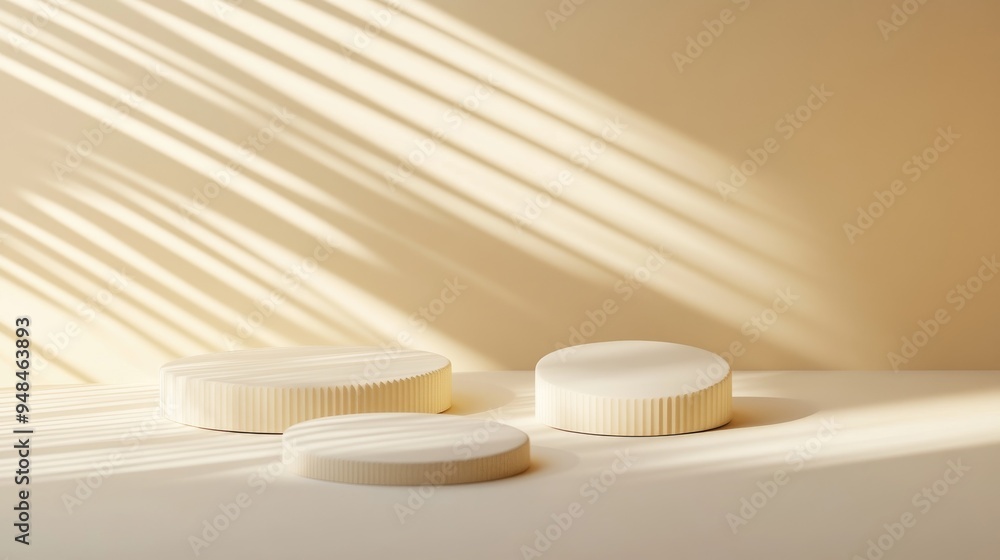 Poster Abstract background featuring cookie shaped podiums with subtle lines on a neutral backdrop 3D rendering