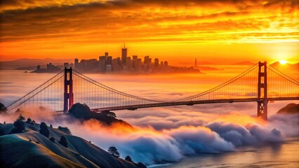 Fototapeta premium Golden Gate Bridge towers and San Francisco skyline silhouetted against a vibrant orange sunset, with Alcatraz Island and fog rolling in over the Pacific Ocean.