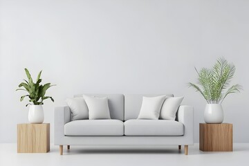 Stylish and Minimalist Living Room Decor Featuring a Grey Sofa Wooden Cubes and White Vases in a 3D Rendering