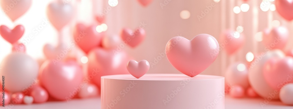 Poster Valentine s Day inspired minimalistic love scene featuring a display podium for product showcasing Soft pink pedestal with a charming heart themed background 3D rendering for a romantic design aes