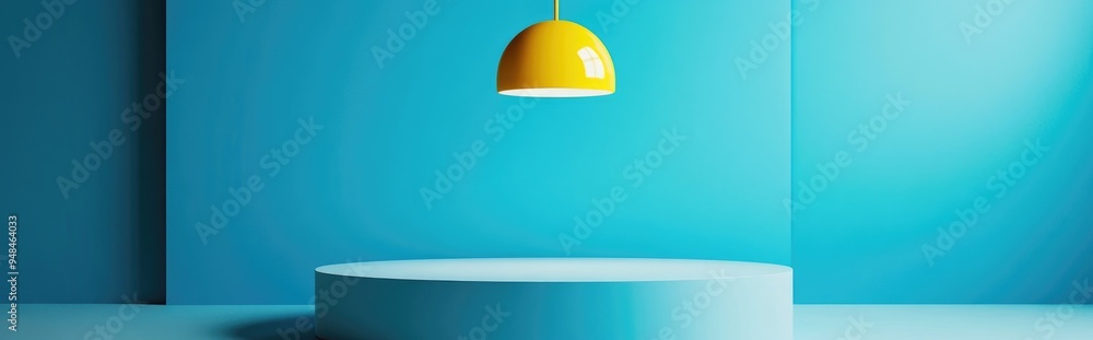 Poster blue studio backdrop featuring a yellow lamp and podium designed for product promotion 3d rendering