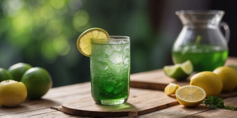 Refreshing green summer drink with ice on wooden table.