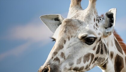 Obraz premium Close-up of a giraffe's face, focusing on its expressive eyes and detailed fur, set against a clear blue sky.