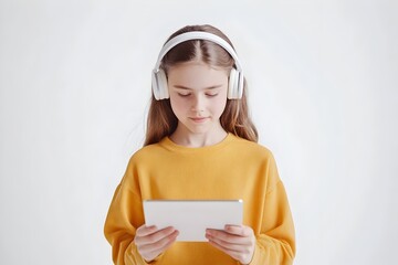 Portrait of a teenage girl wearing headphones deeply focused and engrossed in using her tablet device against a plain white background  Highly detailed and 3D rendering