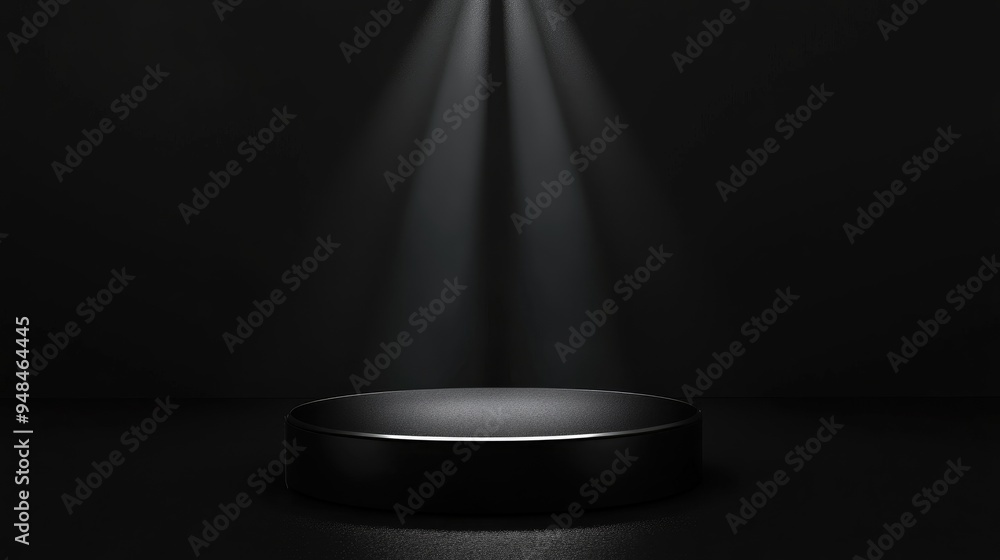Poster black podium with a black background showcasing an advertising display with light emission 3d render
