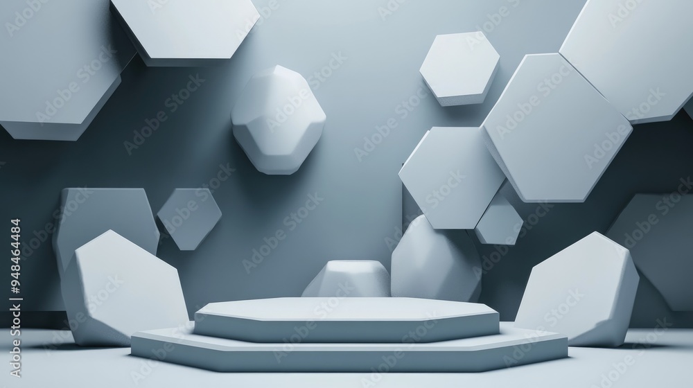Aufkleber Creative ideas Abstract background featuring modern futuristic geometric shapes with a podium for a hexagonal banner in gray Blank space digital banner website 3D rendering