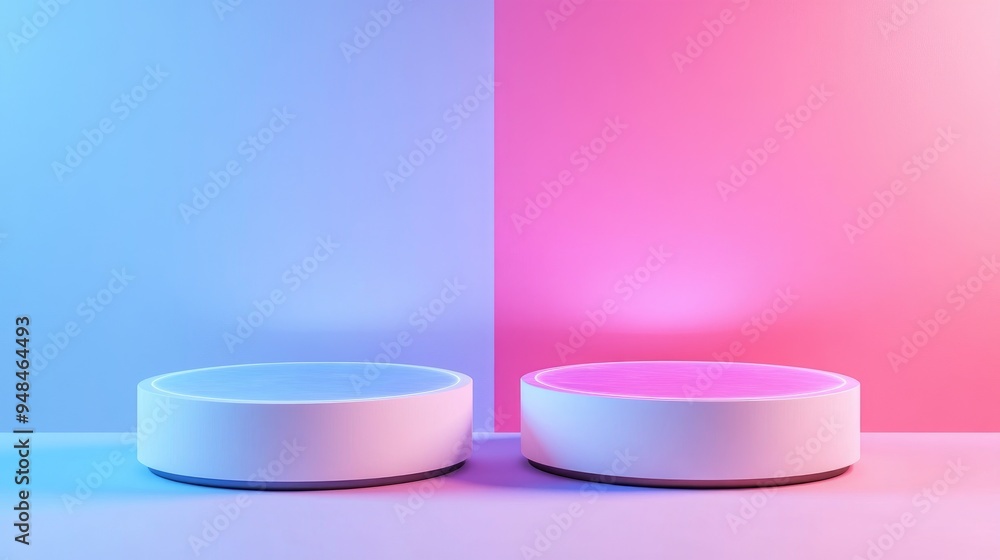 Aufkleber two holographic color podiums with round displays set against a pink and blue light background 3d il
