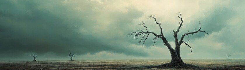 A haunting landscape with barren trees under dramatic clouds, capturing the essence of desolation and solitude in nature.