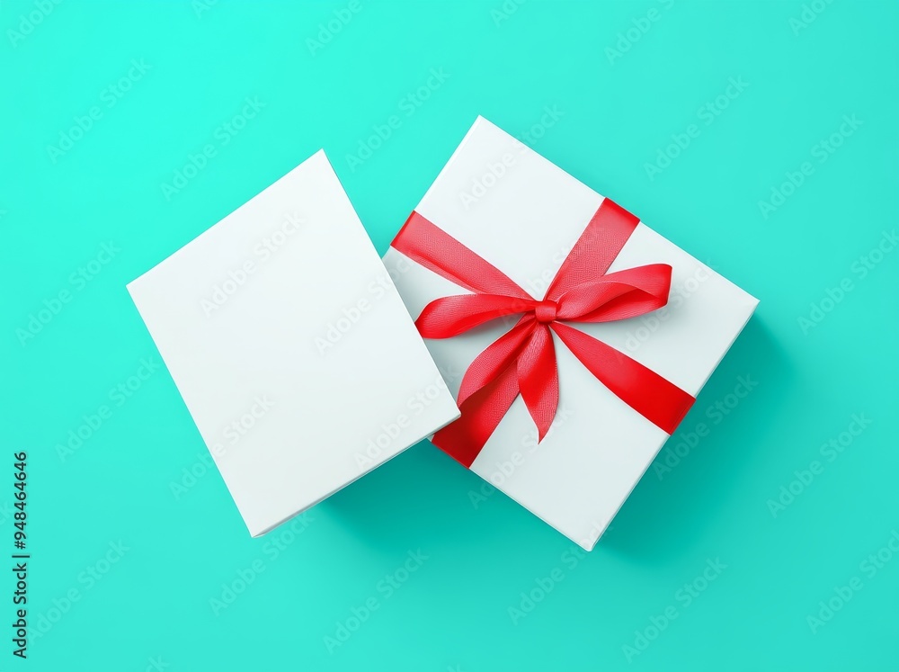 Poster white gift box with red ribbon bow, open or top view, isolated on dark red background with shadow mi