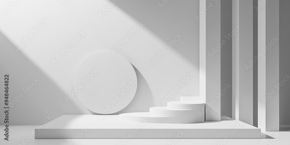 Poster empty white podium with geometric shapes in a gray setting for contemporary stage presentation and m