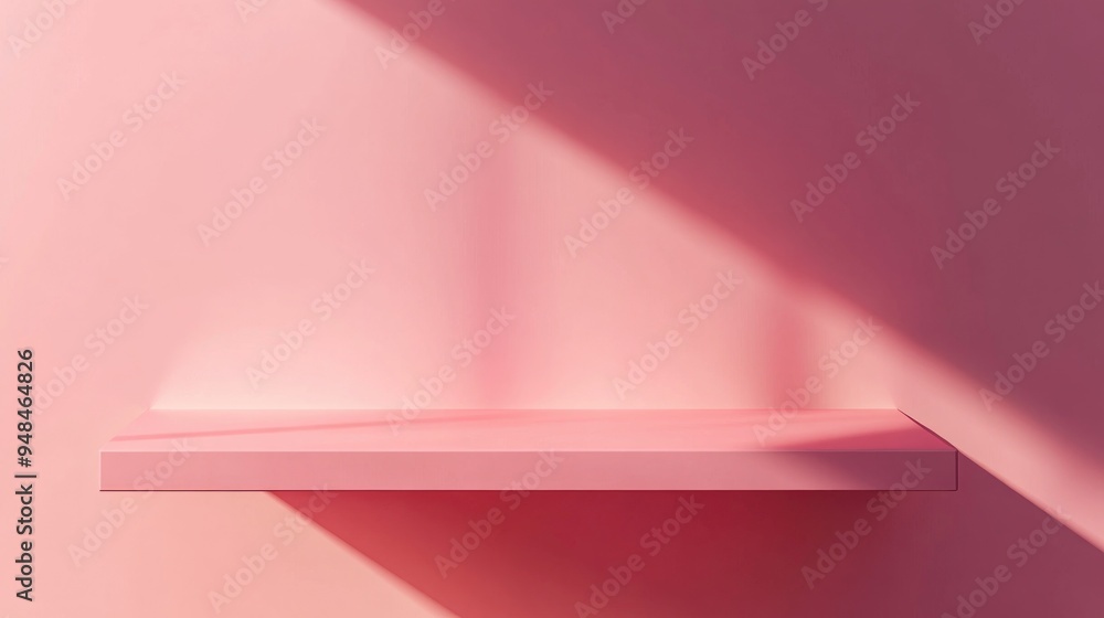 Poster Minimal pink display shelf against a pastel pink wall background creating a shadow effect in a conceptual 3D rendering