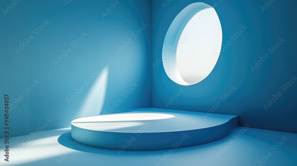 Poster Blue abstract background with 3D scene rendering featuring a mock up podium display for product presentation