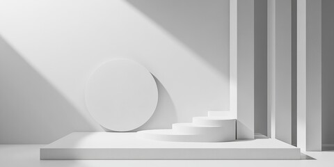 Fototapeta premium Empty white podium with geometric shapes in a gray setting for contemporary stage presentation and minimalist mockup abstract display background 3D illustration or render concept