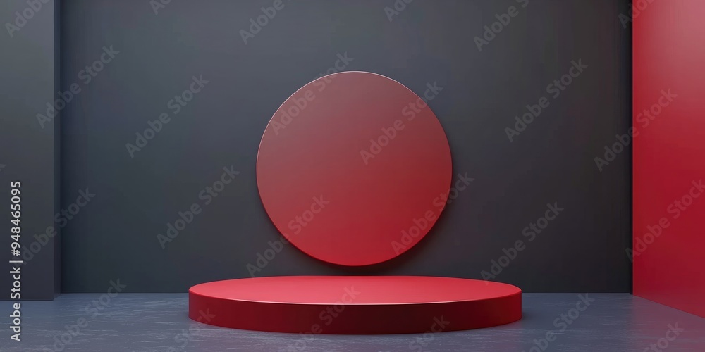 Aufkleber Minimalist scene featuring a red podium for mockup presentations with ample copy space and an abstract 3D rendered background design