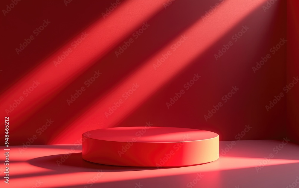 Poster minimalist 3d red cylinder podium set against a studio backdrop abstract geometric shape illustratio