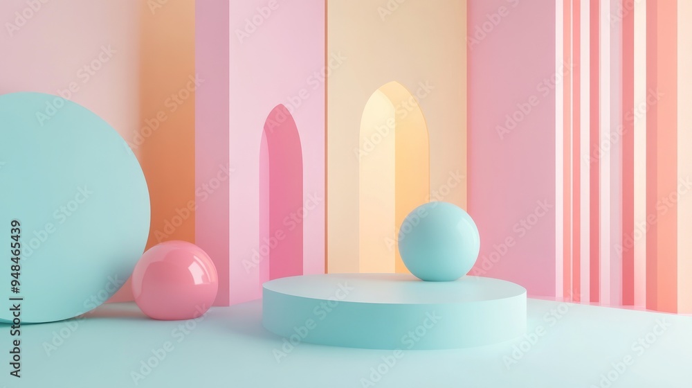 Poster Abstract geometric shape in a minimalistic style featuring pastel colors ideal for product presentations and cosmetic displays 3D rendering and illustration