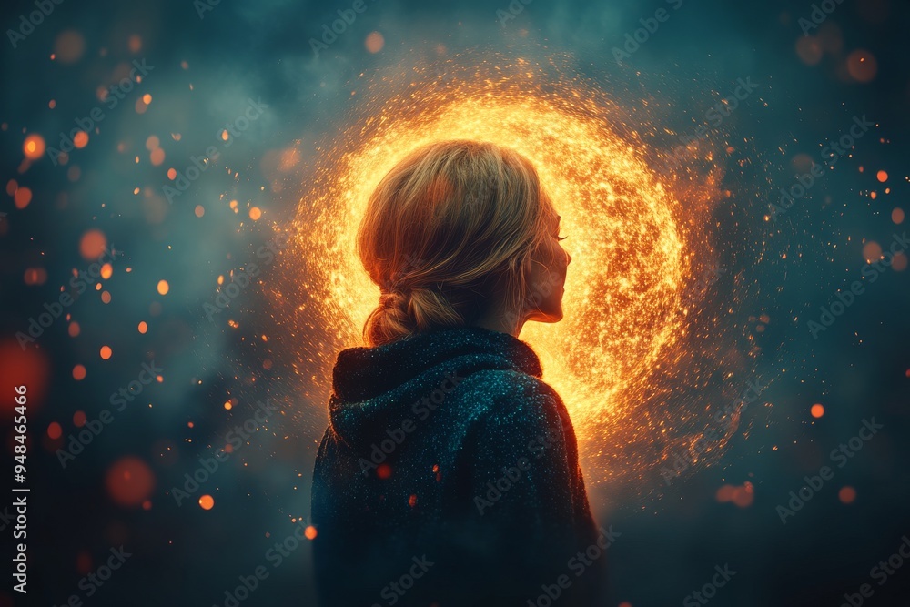 Aufkleber silhouetted person with a fiery glowing brain aura symbolizing creativity innovation and deep though