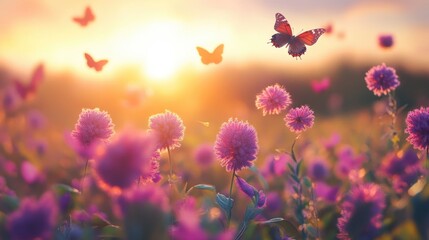 Naklejka premium Colorful globe amaranth field under the sun, with butterflies dancing in the air, set against a realistic and serene background