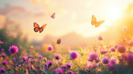 Colorful globe amaranth field under the sun, with butterflies dancing in the air, set against a realistic and serene background
