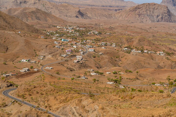 Landscape with mountain range and a village of Santiago Island, Cape Verde