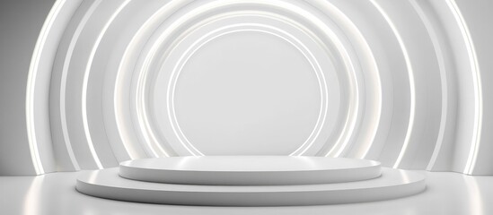 Obraz premium Minimalistic abstract 3D background in white featuring neon lights illuminating the walls of a circular stage 3D illustration