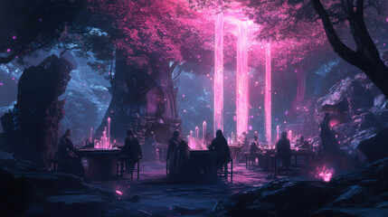 Obraz premium Chilling tavern in a shadowy forest, pink auroras overhead, dark elf patrons, crystal
