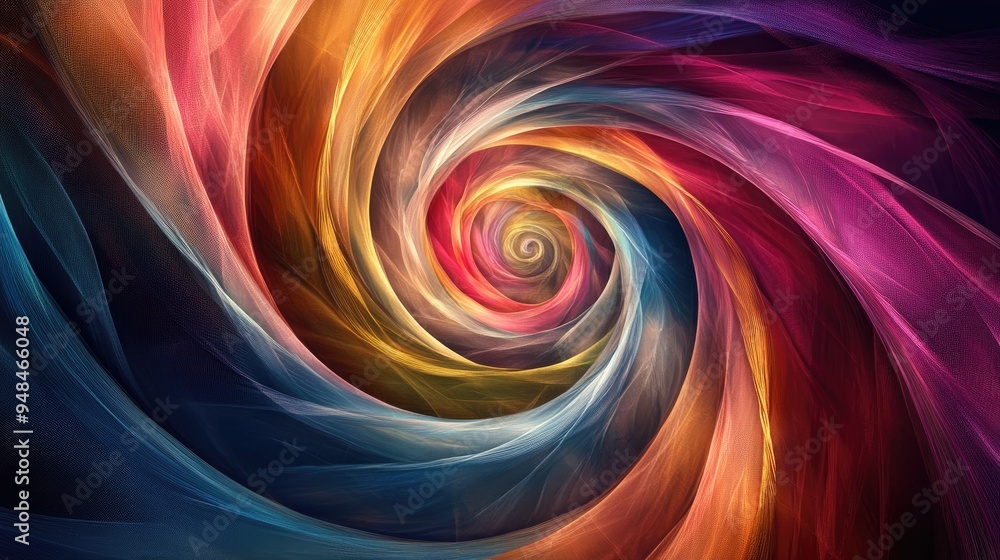 Poster colorful lines of silk forming spirals, with an abstract design and a dynamic futuristic background,