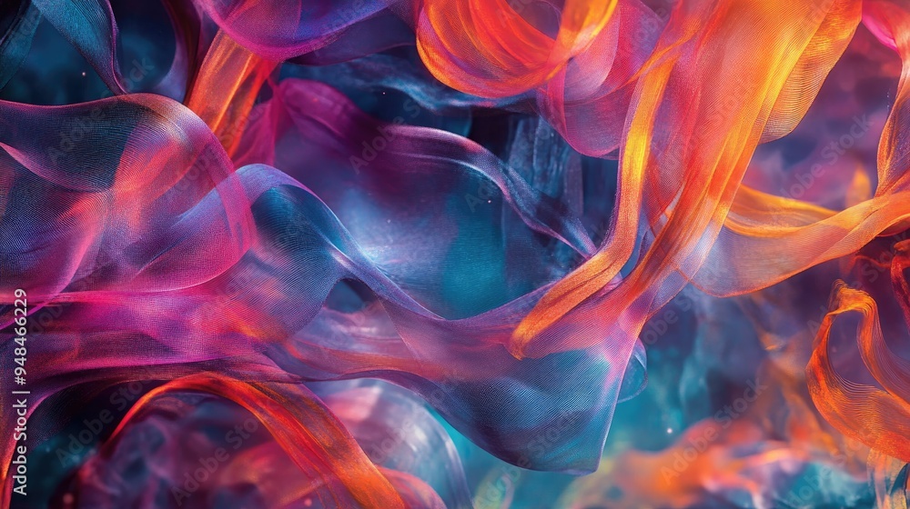 Poster colorful silk strings in swirling patterns, set against a dynamic futuristic background, creating an