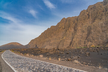 A stone road in the lava field at Pico do Fogo in Cha das Caldeiras, Cape Verde