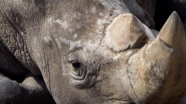 White rhinoceros (Ceratotherium simum) resting, sleeping in captivity, head close-up