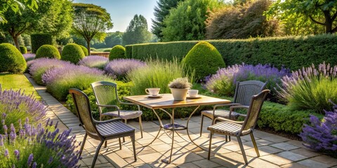 Obraz premium A serene backyard garden terrace with a modern Provence style design, featuring lavender bushes for a relaxing tea time setting