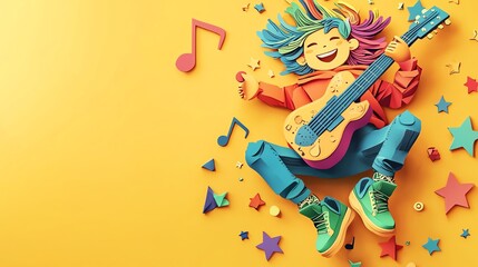 Joyful animated character playing a guitar with colorful background, stars, musical notes, and vibrant artistic elements.