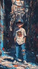 Stylish boy in graffiti-filled urban alley, wearing cap and sunglasses, standing confidently with hands in pockets.