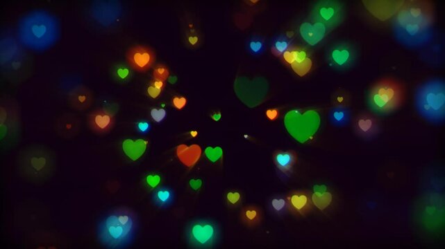 Shiny colorful beautiful hearts on dark background. Abstract fantasy of passion