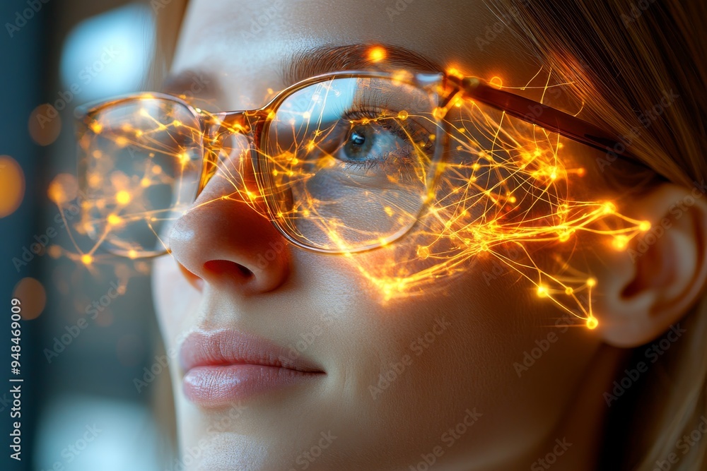 Poster woman with glasses reflecting glowing neural patterns symbolizing the integration of knowledge techn