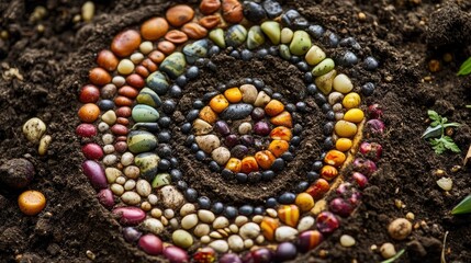 Spiral colorful plant seeds of different kinds, displayed on a soil background, creating a natural and visually striking composition