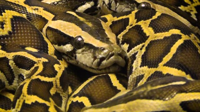 Young ball pythons (Python regius) curled up together, close-up